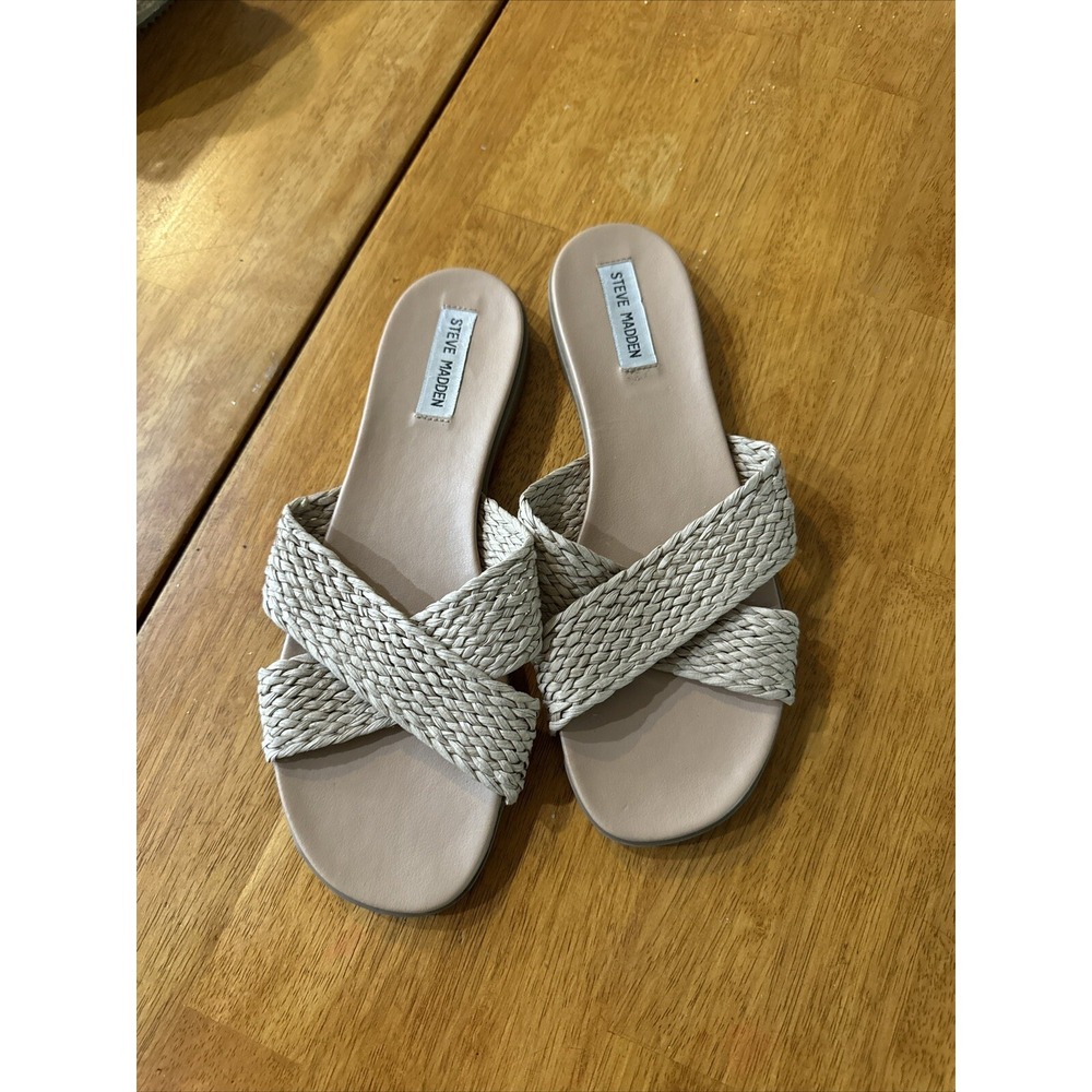 Steve Madden Womens Size 10 Beige Woven Rope Cross Strap Flat Slip On Sandals